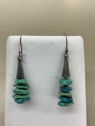 Vtg Southwest Native American Sterling Silver Turquoise Drop Earrings Rectangles