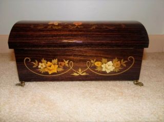Vintage Inlay Jewelry Music Box With Lock Handcrafted Wood Plays Fascination