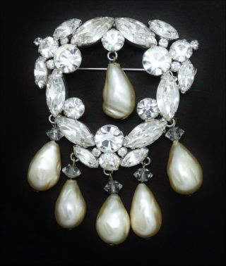 Vintage Hattie Carnegie Pin Brooch Rhinestones Marquise Faux Baroque Pearl Drops