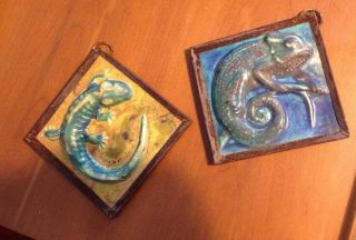 Vintage Ceramic Pottery Tile Iron Frames Hi Relief Wall Art Gecko Iguna Set 2