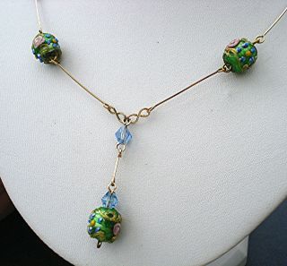 Art Deco Foiled Green Wedding Cake Drop Venetian Necklace On Wire Vintage 1920s