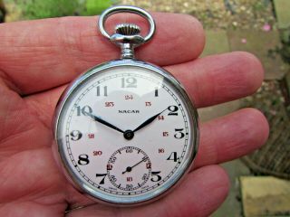 Vintage Nacar Swiss Made Mechanical Railway Pocket Watch - Good/crown Pulls Out