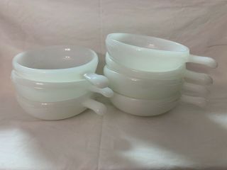 7 Vintage Glasbake White Milk Glass Soup Bowls With Handle 11oz.