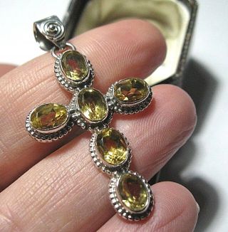 Sterling Silver 925 Vintage Style Real Citrine Gem Stone Cross Necklace Pendant