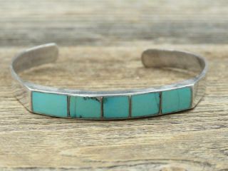 Vintage Old Pawn Navajo Sterling Silver Light Blue Turquoise Inlay Cuff Bracelet