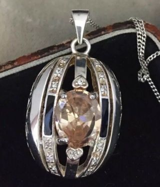 Vintage Jewellery Lovely Sterling Silver,  Enamel & Crystal Pendant And Chain