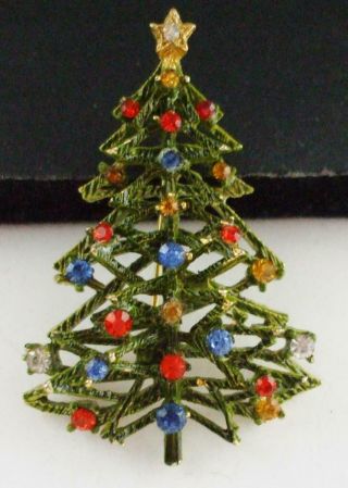 Pretty Vintage Art Green Enamel Christmas Tree Pin Brooch W/colorful Rhinestones