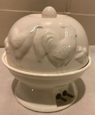 Vintage Ceramic Egg Steamer Cooker White W/ Rooster,  Hen,  Chicks - Made In Japan