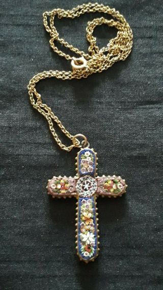 Vintage Micromosaic Cross Pendant And 24 Inch Gold Coloured Necklace.