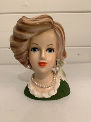 Vintage Ardco 5 1/2” Head Vase Pearl Earrings Necklace 1960’s