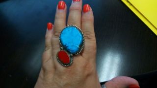 Huge Vintage Turquoise And Coral Ring In Sterling Silver Size 10.  5