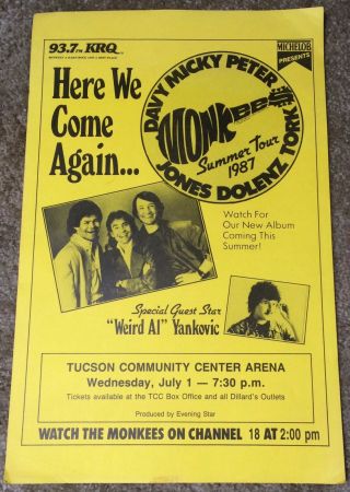 Monkees 1987 Tour Poster W Weird Al Yankovic Tucson Az Vtg