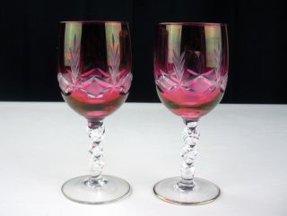 Vintage Cranberry Flash Cut To Clear Wine Glasses Set 2,  Bohemian Twist Stem