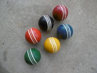 6 Vintage Wooden Croquet Balls Ribbed Striped Game Decor