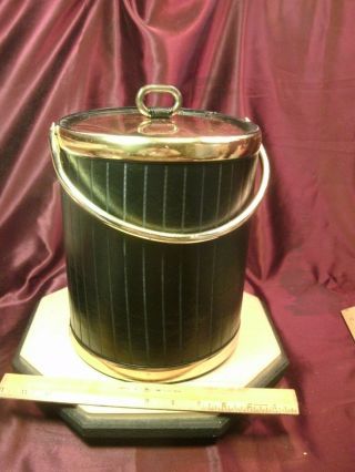 10 " H X 8.  5 " D Vtg Kraftware Black Faux Leather Ice Bucket - Goldtone Trim -