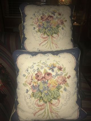 Set Of Two Vintage Blue Floral Flowers Needlepoint Pillow Pillows Velvet Backs