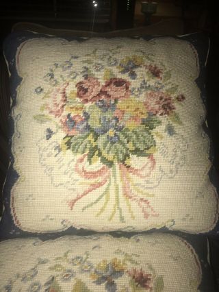 Set Of Two Vintage Blue Floral Flowers Needlepoint Pillow Pillows Velvet Backs 2