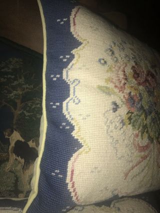 Set Of Two Vintage Blue Floral Flowers Needlepoint Pillow Pillows Velvet Backs 4