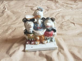 Vintage 1930s Disney Japan Donald Duck Mickey Minnie Ceramic Toothbrush Holder