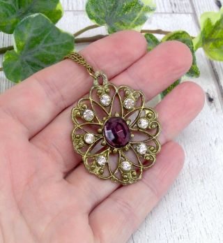 Vintage Edwardian / Victorian Style Pendant Necklace With Clear & Purple Stones