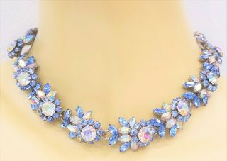 Vintage Signed Coro Blue Aurora Borelis Rhinestone Necklace & Spare Earring