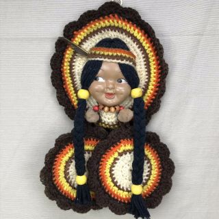 Indian Girl Vintage Crocheted Pot Holder Set Hand Made Native American Indian