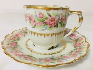 Tea Cup Saucer Set Elite Limoges France Floral Gold Trim Vintage 1940s
