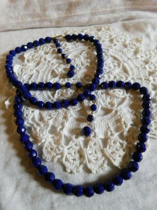 Vintage Set Of 2 Cobalt Blue Cut Glass Beaded Choker Necklaces