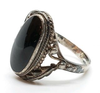 Ornate Vintage Signed 925 Sterling Silver Black Art Glass Inlay Floral Ring