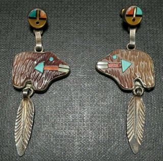Vintage Zuni Sterling Silver Dangle Native American Earrings.  Turqoise.  Coral.