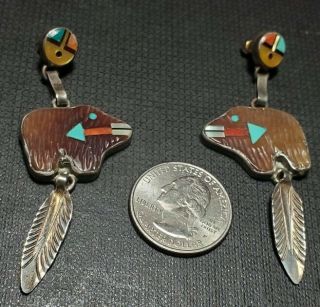 Vintage Zuni Sterling Silver Dangle Native American earrings.  turqoise.  coral. 5