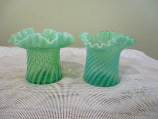 Pair Vintage Fenton Opalescent Green Spiral Optic 4.  5 " T Top Hat Vases