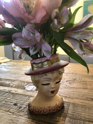 Vintage Pink Lady Head Vase Faux Pearl Earrings Japan