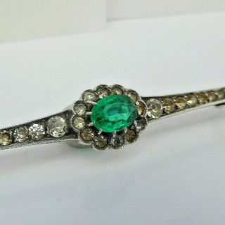 Fine Lovely Vintage Art Deco Sterling Silver & Emerald Paste Pin Brooch 4.  7g