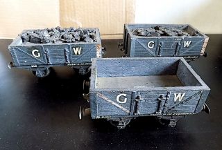 Vintage Wood & Tin O Gauge Gw Railway Coal Wagons X 3,  Scratch Or Kit - Built