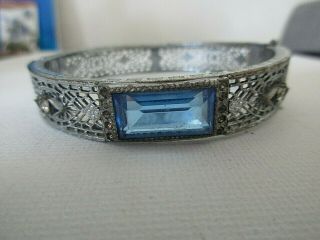 Vintage Art Deco Era Filigree Sapphire Blue Glass & Rs Hinged Bangle Bracelet