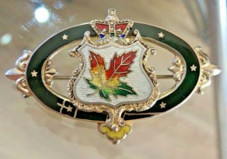 Vintage Silver & Guilloche Enamel Canada Maple Leaf Crown Crest Brooch Rd 1902