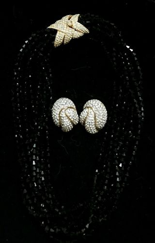 Vtg Ciner Set Statement Necklace & Clip On Earrings Gold Tone Rhinestone Signed