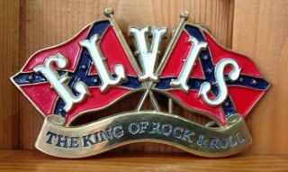 Vintage Elvis The King Of Rock & Roll Solid Brass Belt Buckle Confedarate Flags
