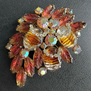 D&e Juliana Vintage Amber Red Givre Glass Flower Leaf Rhinestone Brooch Pin Bn61