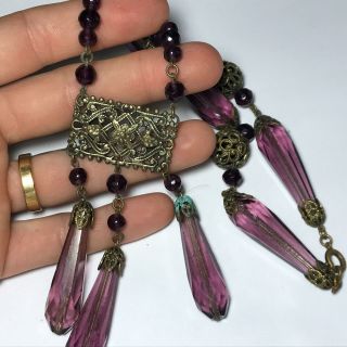 Vtg Victorian Purple Faceted Czech Art Glass Beaded Filigree Costume Necklace