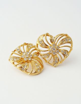 Avon Rhinestone Heart Earrings … Vintage Clip On Earrings … Signed,  Gold Tone