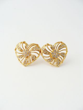 AVON Rhinestone Heart Earrings … Vintage Clip On Earrings … Signed,  Gold Tone 2