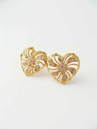 AVON Rhinestone Heart Earrings … Vintage Clip On Earrings … Signed,  Gold Tone 3