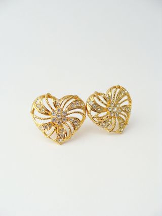 AVON Rhinestone Heart Earrings … Vintage Clip On Earrings … Signed,  Gold Tone 4