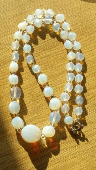 Czech Vintage Art Deco Moonstone Glass Bead Necklace Signed