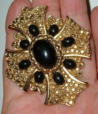 Vintage Brooch Medieval Renaissance Style Gold Maltese Cross Black Cabochons Pin