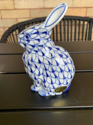 Vintage Blue Fishnet Ceramic Rabbit Bunny Andrea By Sadek Thailand