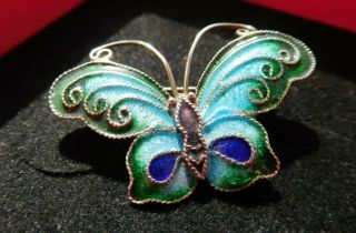 Small Vintage Silver & Enamel Butterfly Brooch Jewel Colors Wire Work