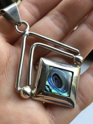 Vintage Silver Modernist Style Mexican Abalone Large Pendant And Chain